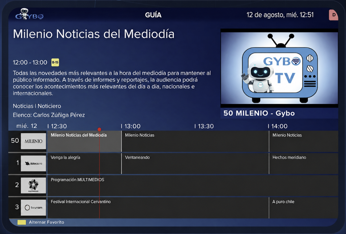 Guía de canales de GYBO TV en pantalla